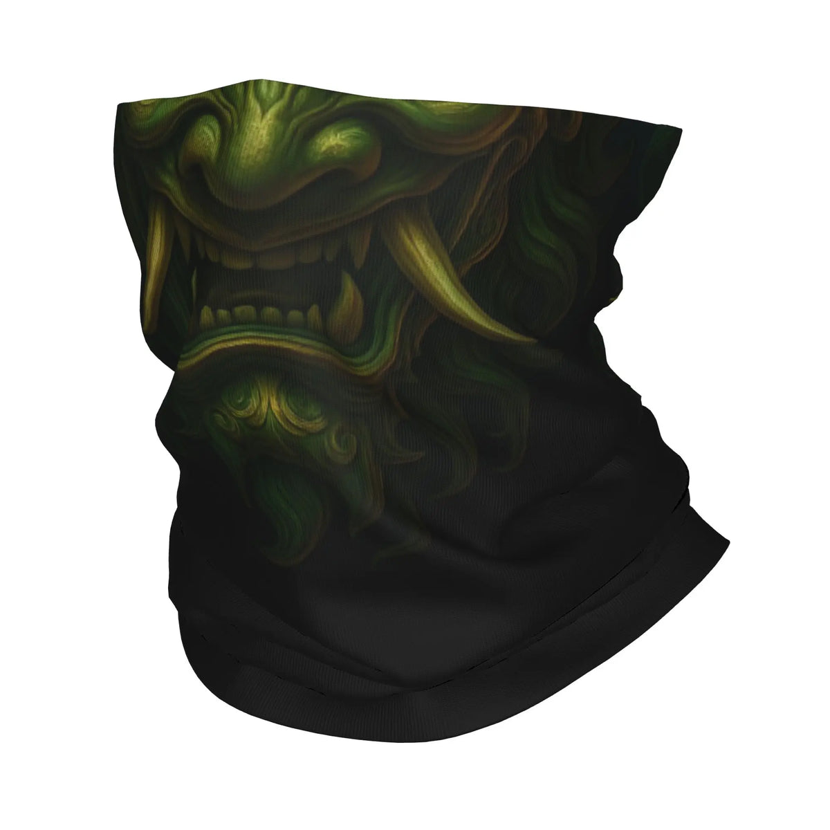 Oni Face Mask in Midori-Oni green: black tube mask printed with a green oni face and tusks