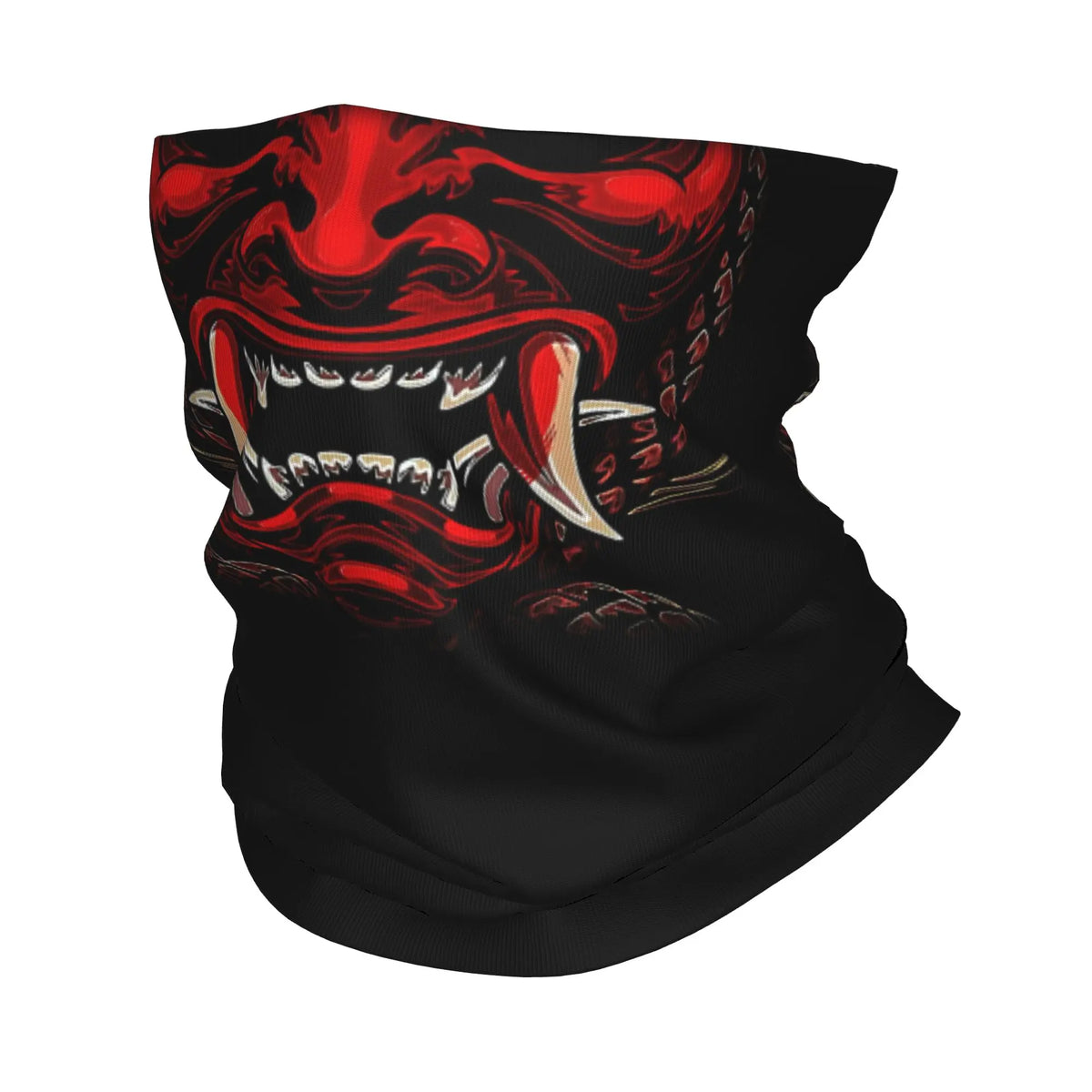 Oni Face Mask in Aka-Oni red: black tube mask printed with a red oni face, fangs and upward tusks
