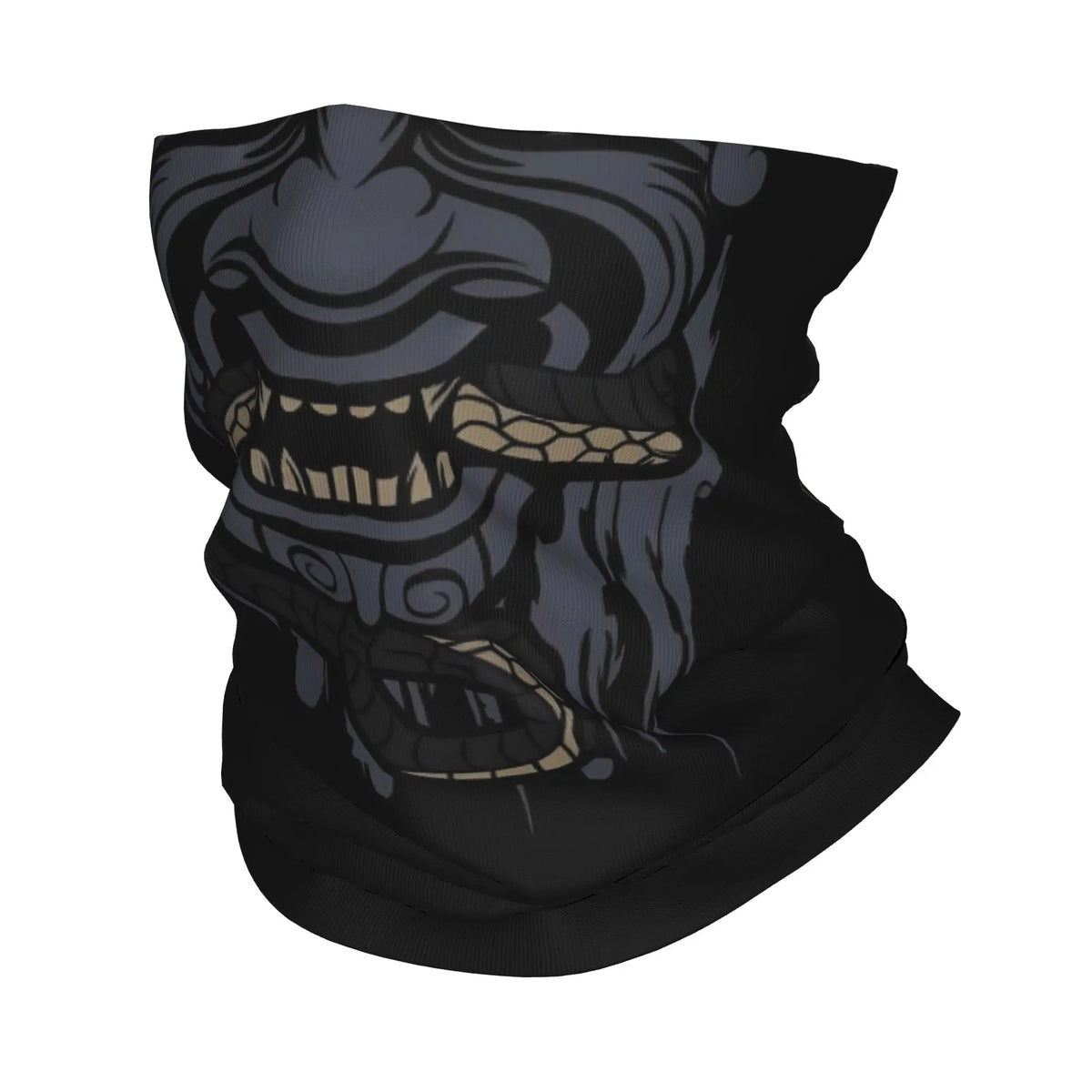 Oni Face Mask in Kuro-Oni black: black tube mask printed with a slate-grey oni face and fangs